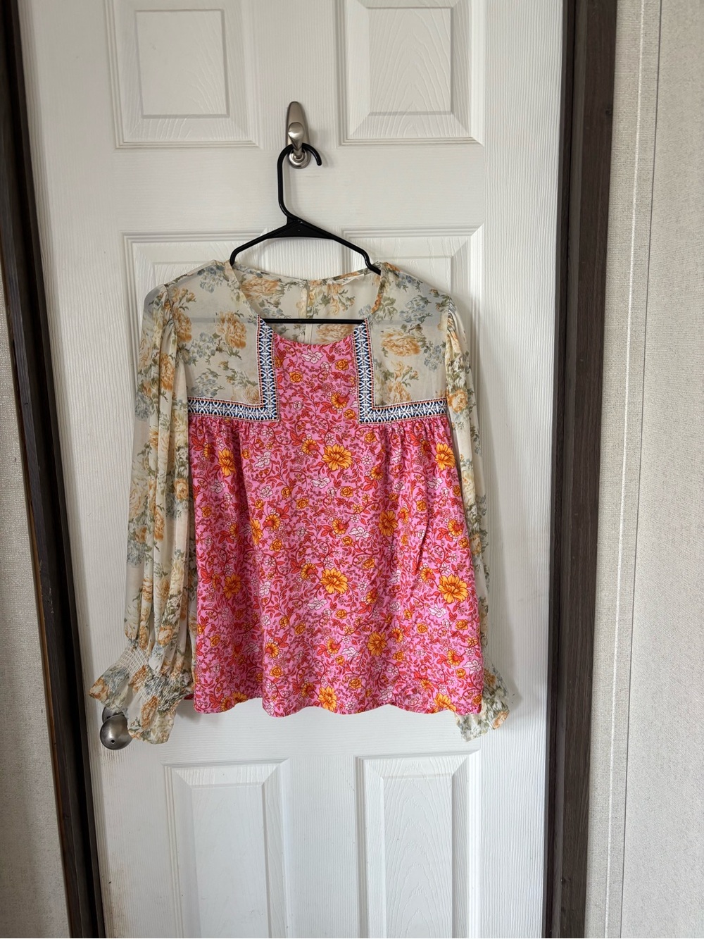 entro Pink & Cream Floral Patchwork Long-Sleeve Blouse